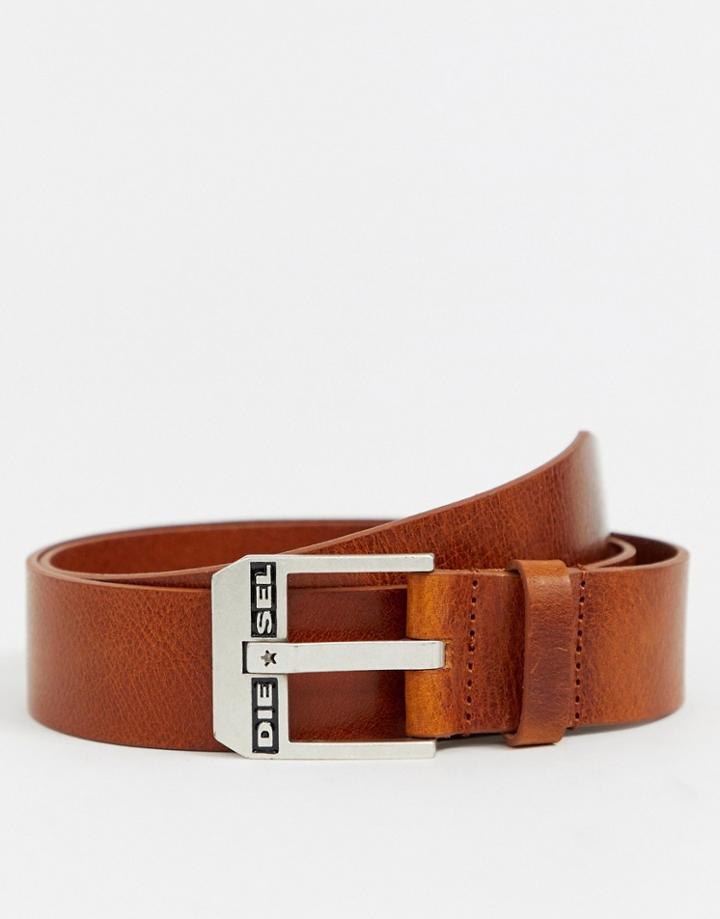 Diesel Leather Logo Buckle Belt In Tan - Tan