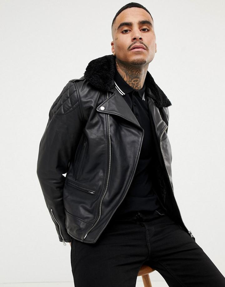 Schott Lc Enfield 2 Leather Biker Jacket Detachable Faux Fur Collar Slim Fit In Black
