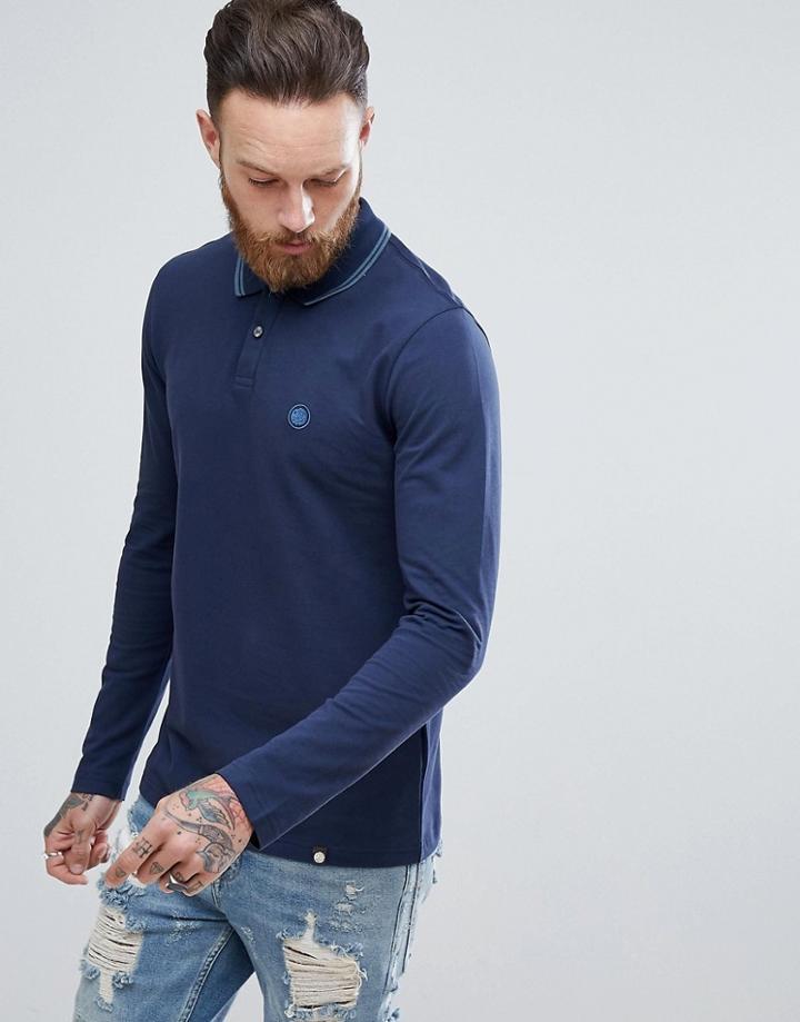 Pretty Green Long Sleeve Pique Tipped Polo Shirt In Navy - Navy