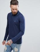 Pretty Green Long Sleeve Pique Tipped Polo Shirt In Navy - Navy