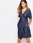 People Tree Organic Fairtrade Cotton Wrap Front Dress In Chambray Denim Look - Blue