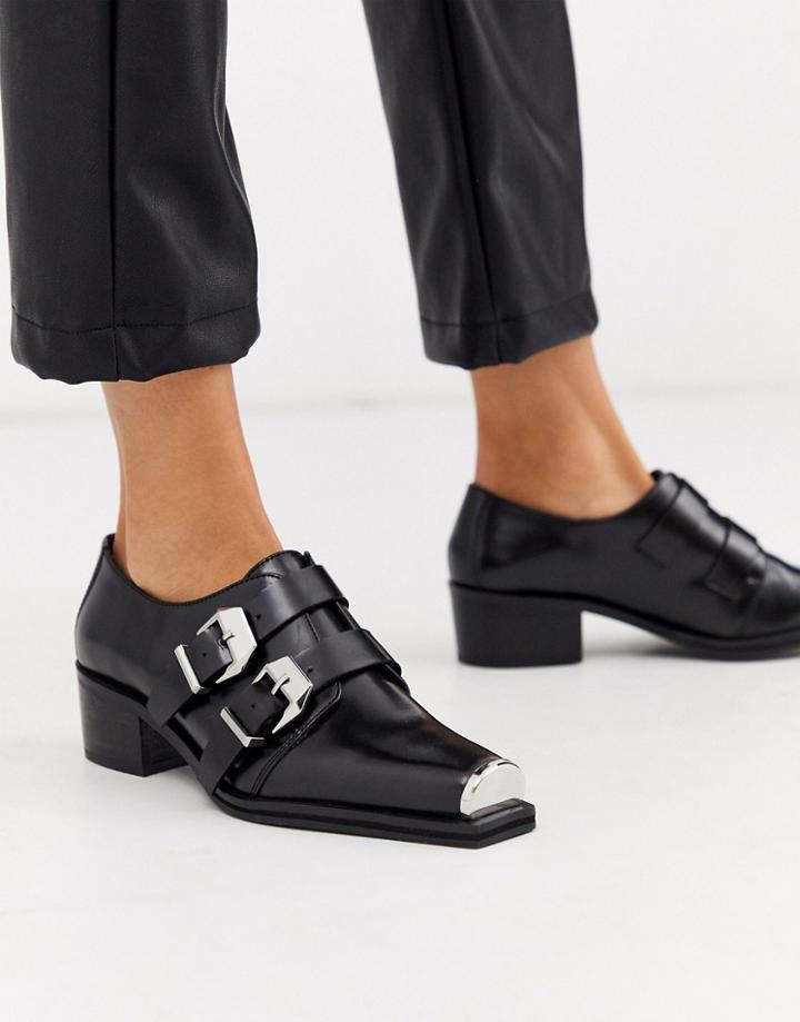 Asos Design Morning Leather Monk Flat Shoes In Black
