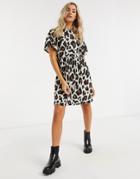 New Look Ruffle Sleeve Mini Dress In Brown Animal Print