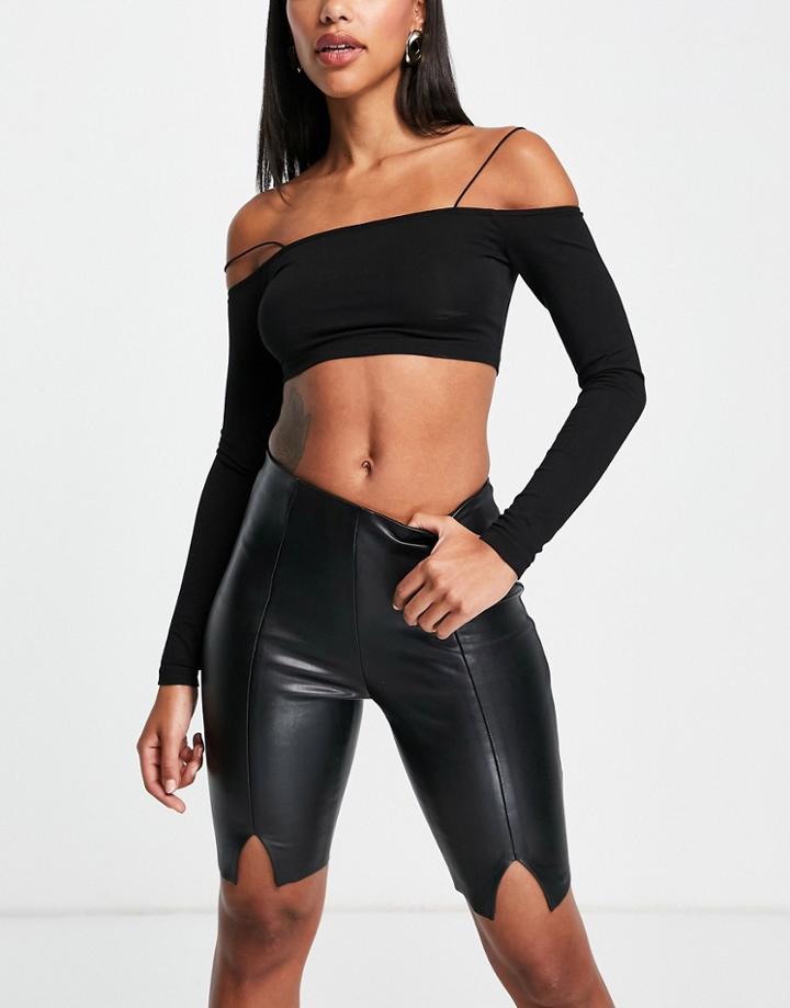 Topshop Faux Leather Legging Short With Front Hem Splits In Black