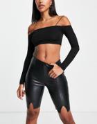 Topshop Faux Leather Legging Short With Front Hem Splits In Black