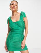 Femme Luxe Ruching Tie Strap Body-conscious Mini Dress In Green