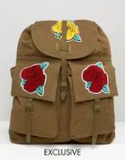 Reclaimed Vintage Backpack With Rose Badges - Green