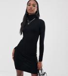 Asos Design Tall High Neck Rib Bodycon Mini Dress With Long Sleeves