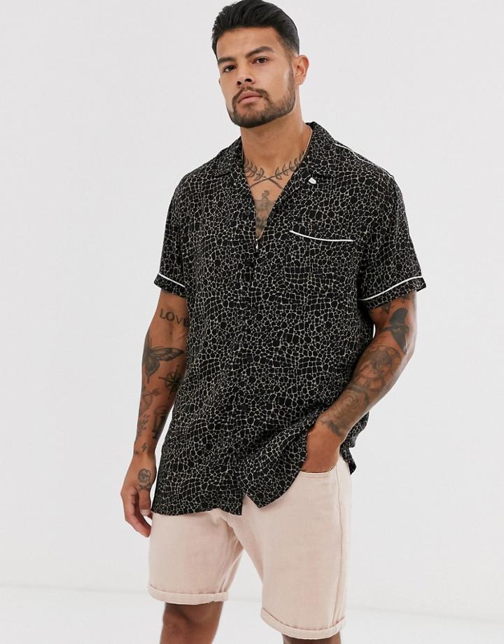 Jack & Jones Premium Animal Print Revere Collar Short Sleeve Shirt In Black
