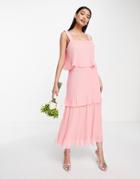 Vila Bridesmaid Plisse Midi Dress With Tiering In Coral Pink - Coral-orange