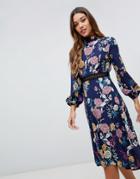 Boohoo Lace Insert Open Back Midi Dress In Blue Floral - Multi