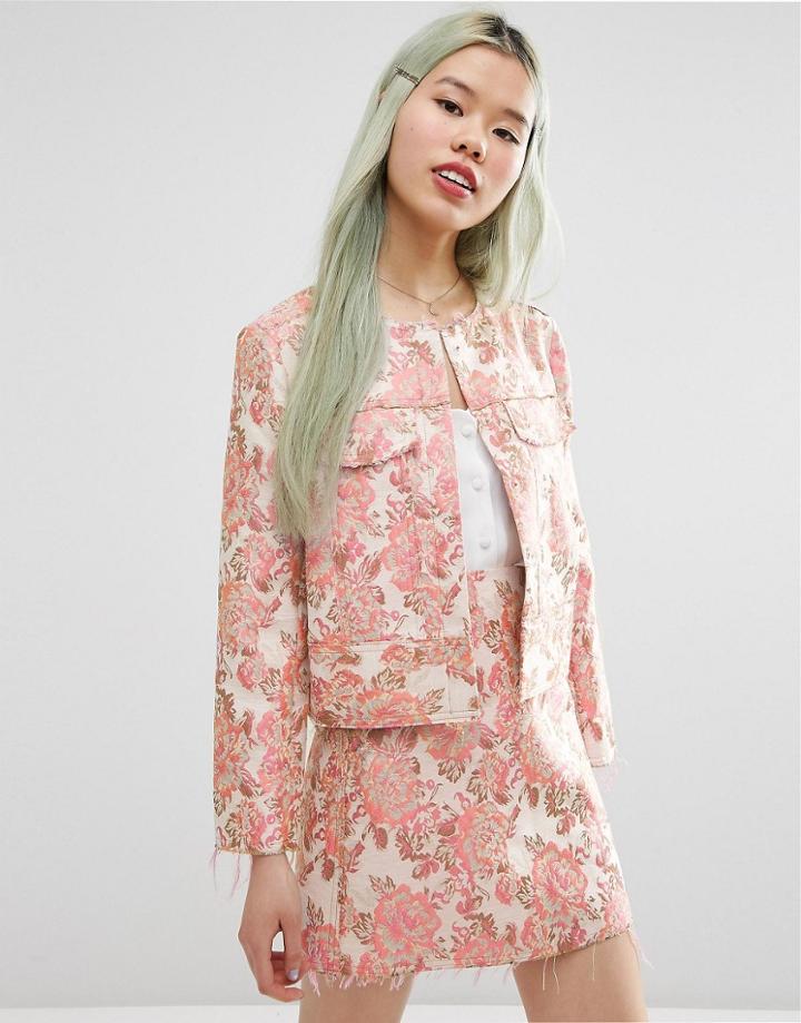 Asos Jacquard Crop Blazer With Raw Edge Co-ord - Pink Jacquard