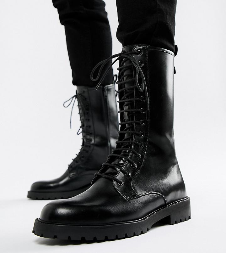 Asos Design High Lace Up Boot In Black Leather With Chunky Sole - Black