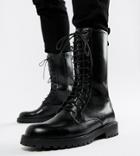 Asos Design High Lace Up Boot In Black Leather With Chunky Sole - Black