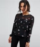 Selected Femme Printed Top With Ruffle - Black