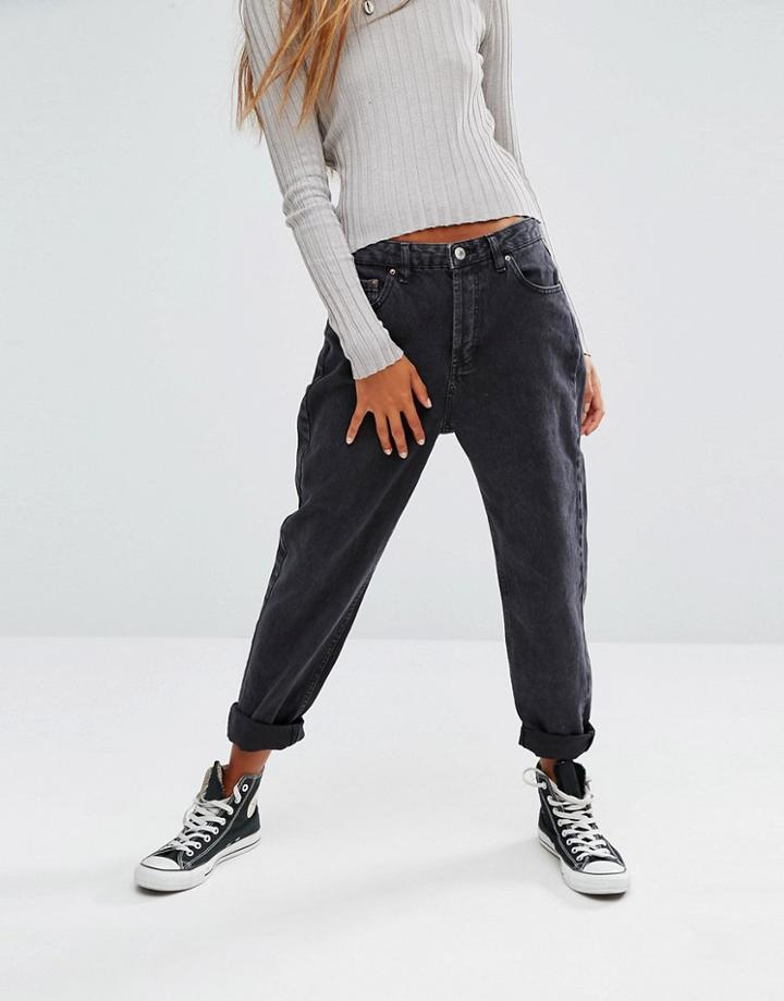 Pull & Bear Mom Jean In Washed Black - Black