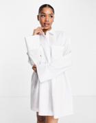 Asos Design Cotton Poplin Smock Shirt Dress With Double Pocket-white