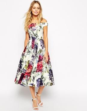 Asos Bardot Floral Midi Prom Dress - Print