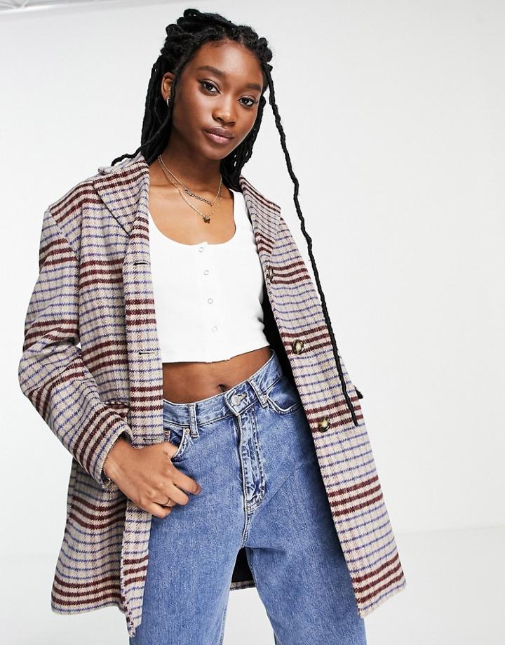 Monki Boucle Wool Houndstooth Outdoor Blazer In Brown