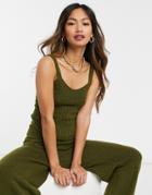 Asos Design Set Knit Cami With Ribbed Detail In Khaki-green