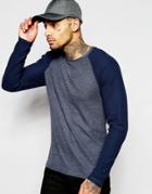 Asos Waffle Jersey Muscle Long Sleeve T-shirt With Contrast Raglan - Navy