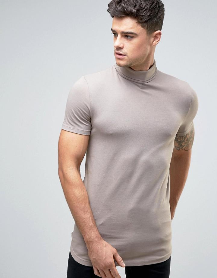 Asos Longline Muscle T-shirt With Turtleneck And Curved Hem In Brown -