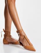 Asos Design Leaf T-bar Ballet Flats With Tie Leg In Tan-brown