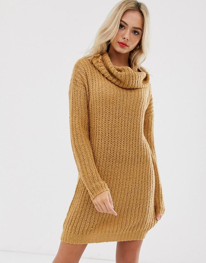 Brave Soul Soda Cowl Neck Sweater Dress In Spiced Camel-tan