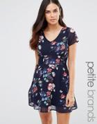 Yumi Petite Tea Dress With Lace Inserts In Floral Print - Navy