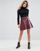 Asos Leather Look Mini Skater Skirt With Belt Detail - Red