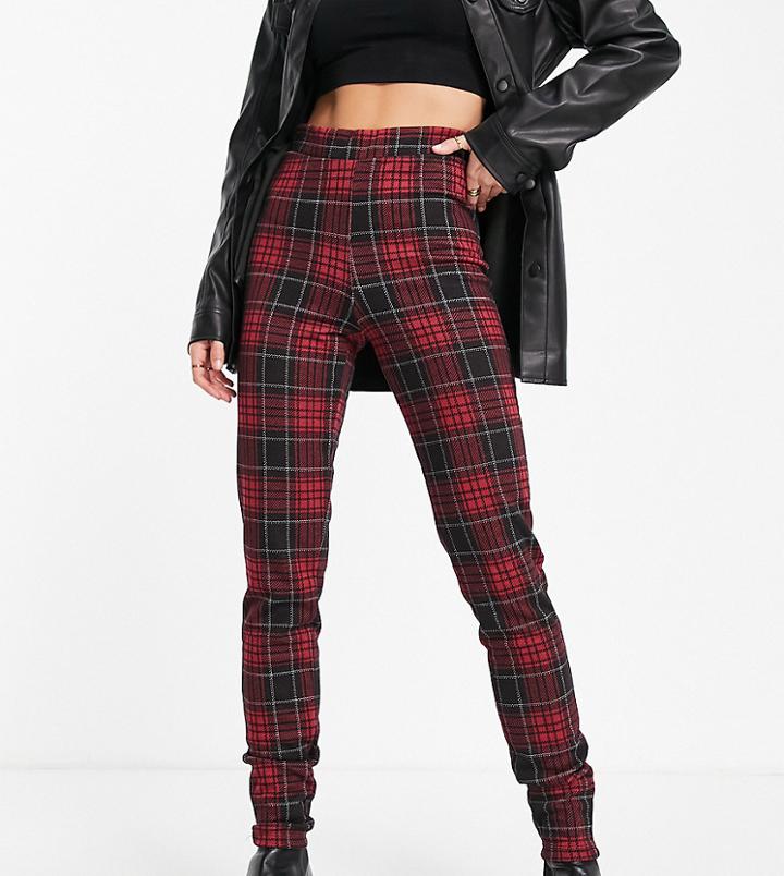 Noisy May Tall Knitted Slim Pants In Red Tartan Check-multi