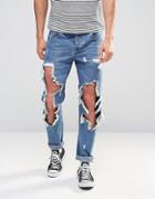 Asos Slim Jeans With Open Rips In Mid Blue - Mid Blue