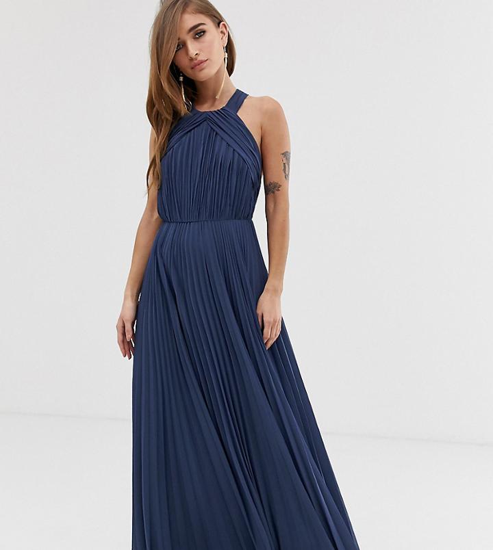 Asos Design Petite Pleated Bodice Halter Maxi Dress - Green
