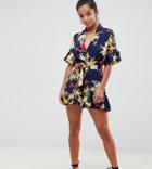 Parisian Petite Floral Print Wrap Romper With Frill Detail - Navy