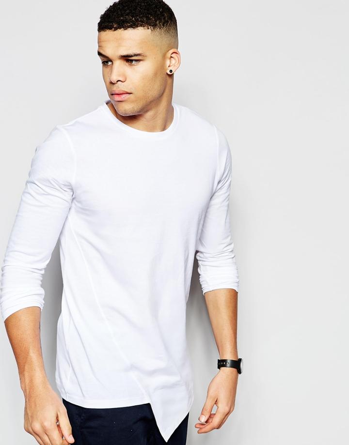 Asos Longline Long Sleeve T-shirt With Asymmetric Hem - White