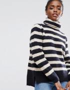 Pieces Hella Striped Rollneck Mohair Wool Blend Knit Sweater - Navy