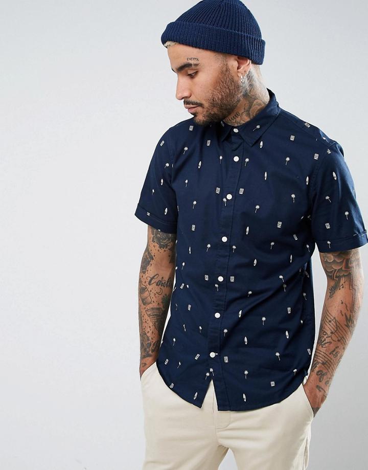 Pull & Bear Short Sleeve Shirt With Hawaiian Print In Navy - Navy