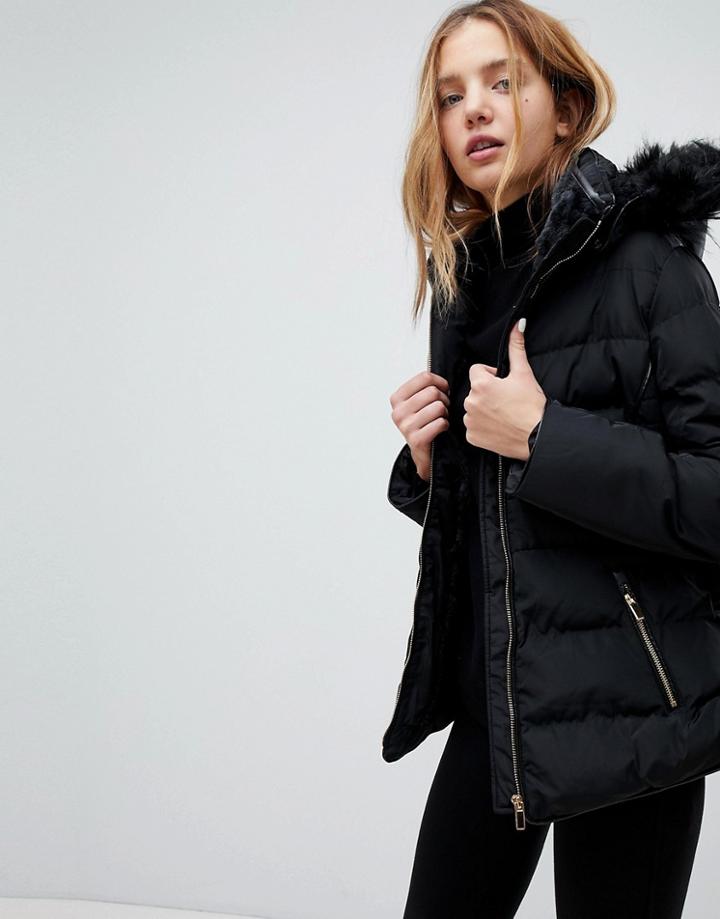 Qed London Padded Coat With Faux Fur Trim Hood - Black