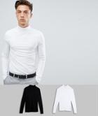 Asos Design Muscle Fit Long Sleeve T-shirt With Roll Neck 2 Pack Save - Multi