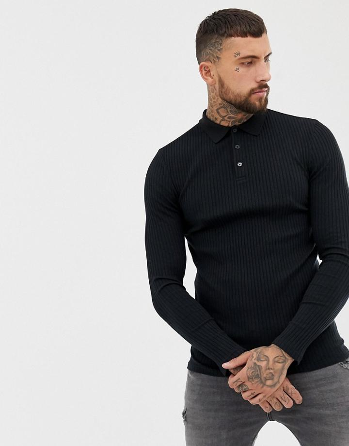 Asos Design Long Sleeve Polo In Rib In Black - Black