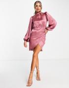 Flounce London Balloon Sleeve Wrap Mini Dress In Blush-pink