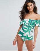 Prettylittlething Tropical Print Bardot Swimsuit - White