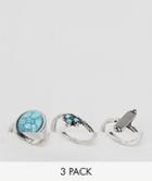 Asos Design Pack Of 3 Stone And Ball Detail Rings - Silver