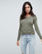 Only Rib Lace Up Chest Long Sleeved Top - Green