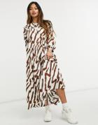 Glamorous Maxi Smock Dress With Tiered Skirt And Bib Collar In Tonal Tiger Print-white