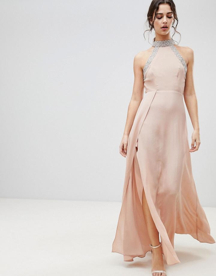 Asos Embellished Trim Backless Maxi Dress-pink