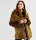 Asos Design Tall Stand Collar Faux Fur Coat In Brown - Cream