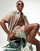 Asos Design Relaxed Linen Mix Shirt In Warped Check Print - Part Of A Set-multi