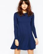 Asos Swing Dress With Long Sleeves And Seam Detail - Navy
