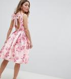 Chi Chi London Petite Midi Dress With Bow Back In Pink Floral Print - Pink